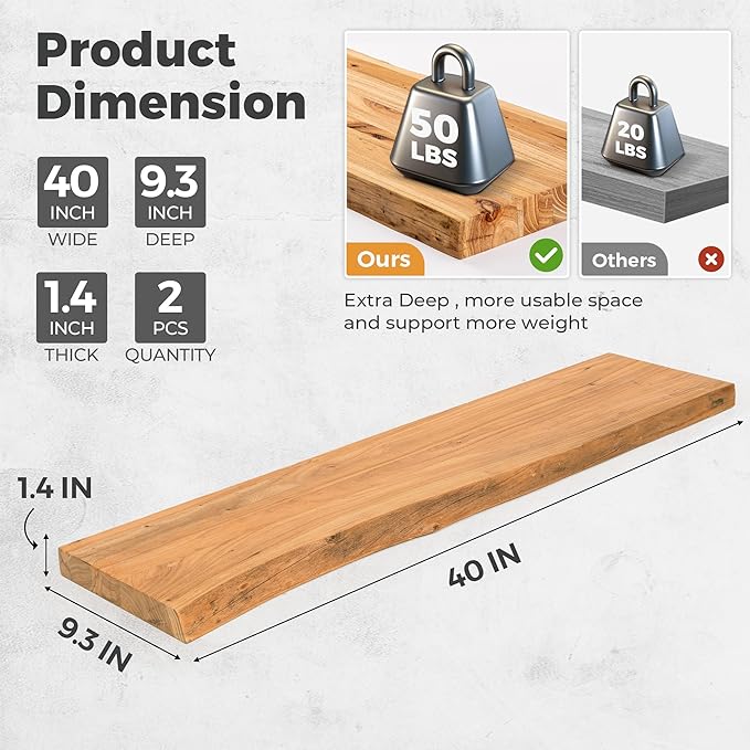 RICHFOCUS Live Edge Elm Floating Shelves - 40" W x 9.3" D Rustic Solid Wood Wall Shelves with Invisible Bracket, Wall-Mounted for Living Room, Bedroom, Kitchen Storage & Display, Set of 2, Natural-Ruum Studio Home