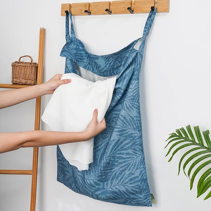 Linen Hanging Laundry Bag, 100% Linen Leaf Print Over The Door Laundry Hamper with Buttons and Zipper, Space Saving Door Hampers for Laundry Dirty Clothes Home Travel, Blue, 19.7x27.5inches-Ruum Studio Home