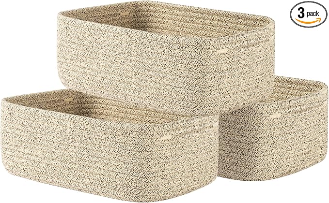 Small Woven Basket, 12 x 8 x 4.5 Inches, Storage Basket for Organizing, Cute Small Rope Shelf Closet Cube Storage Bins Baskets for Shelves, Dog Toy Gift Baskets Empty, 3 Packs, Mixed Brown-Ruum Studio Home