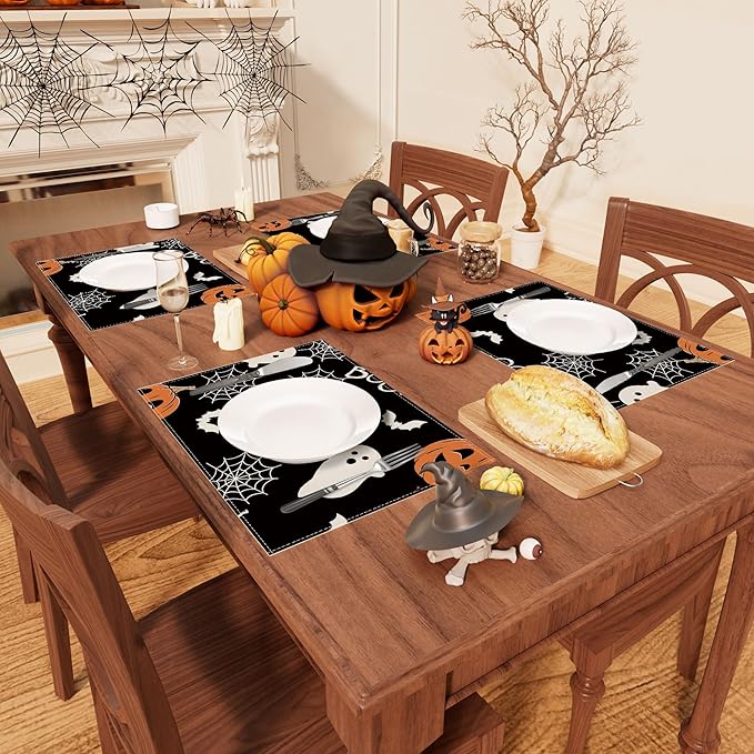 XCHI Boo Spooky Ghost Pumpkin Halloween Cloth Placemats Set of 6 Table Mats Table Decorations 12x18 Inch-Ruum Studio Home
