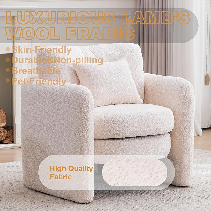 Chenille Accent Armchair Oversize Upholstered Barrel Comfy Modern Round Lounge Sofa Chair with Pillow Cozy Reading Chairs for Apartment,Office,Living Room,Dining,Makeup,Club,Beige-Ruum Studio Home