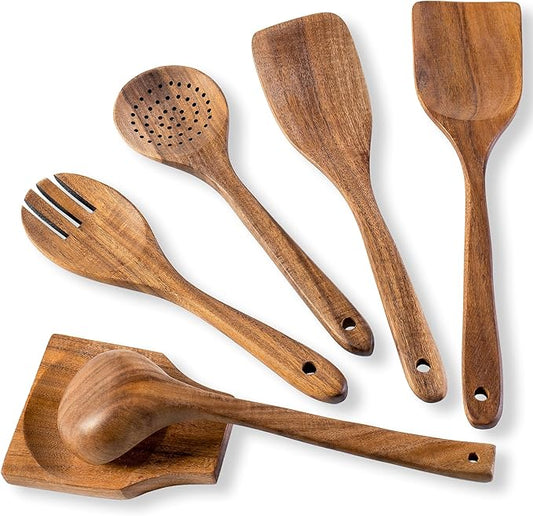 Wooden Spoons for Cooking, Nonstick Cooking Utensil Set with 5 Piece Acacia Wooden Spatulas and Spoons, as well as a Extra Whole Wood Spoon Rest, Terrific for Everyday Kitchen Tasks-Ruum Studio Home
