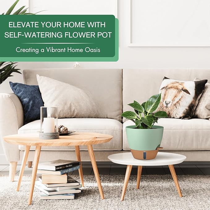 montresor 2 Pack 10 inch Plant Pots, PP Plastic Self Watering Planter with Drainage and Tray for Indoor Outdoor Plants, Water Level Window & Reservoir Flower Pots Decorative Planter (Green)-Ruum Studio Home