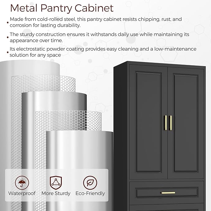 75" Kitchen Pantry Cabinet, Metal Storage Cabinets with Doors and Adjustable Shelves, Black Tall Pantry Cabinet with 3 Drawers for Dinning Living Room-Ruum Studio Home