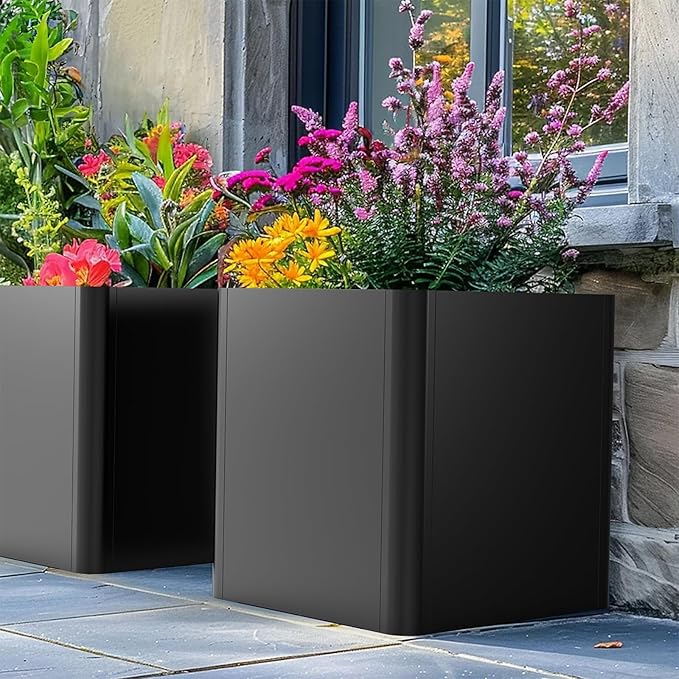 Metal Square Planter Box, Galvanized Steel Planters for Outdoor Plants, 24"x 24"x 25" Black Large Outdoor Planters with Drainage Hole for Porch/Patio/Garden-Ruum Studio Home