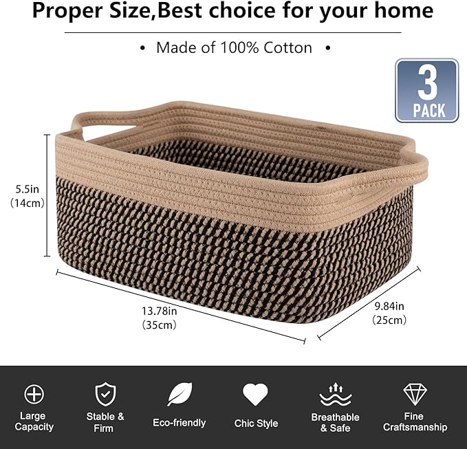 OIAHOMY 3 Pack Storage Baskets for Organizing, Woven Cotton Rope Basket for Shelves, Closet Organizer Bins with Handles, Rectangle Toy Organization, 13.78''×9.84''×5.5'', Brown & Black-Ruum Studio Home