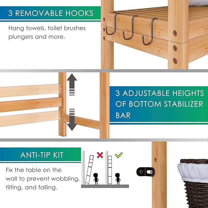 SMIBUY Bathroom Storage Shelf, Bamboo Over-The-Toilet Organizer Rack, Freestanding Toilet Space Saver with 3-Tier Adjustable Shelves (Natural)-Ruum Studio Home