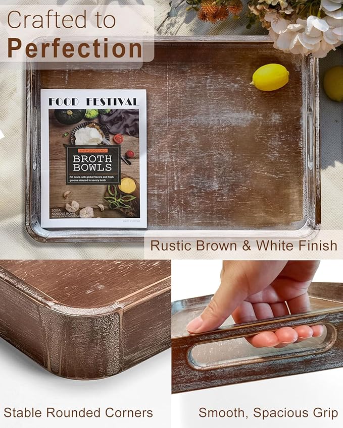 22 Inch Rustic Wood Serving Tray with Handles, Large Rectangular Wooden Ottoman Tray, Beautiful Home Décor for Living Room Coffee Table Couch, Ideal for Serving Food Breakfast BBQ Parties-Ruum Studio Home