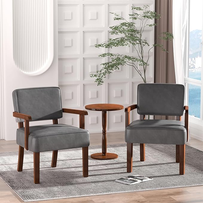 Accent Chair, PU Leather Oversized Living Room Chairs with Soft Seat and Armrests, Armchair for Bedroom, Dinning, Reading and Waiting Rooms (Leather Gray)-Ruum Studio Home