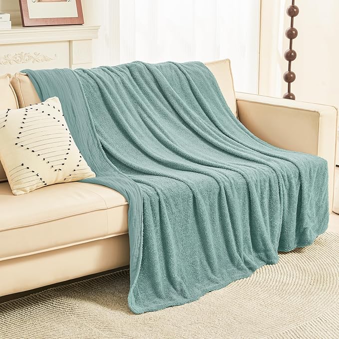 EMME Muslin and Fleece Queen Blanket Reversible - 80"*90" Teal Soft Warm Throw Blankets for Couch Bed Picnic Travel Bed-Ruum Studio Home