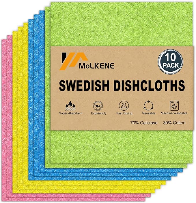 Swedish Dishcloths for Kitchen | 10 Pack Cellulose Sponge Dish Cloths Washable | Non-Scratch Reusable Towels Rags Ultra-Absorbent Cleaning Cloths Quick Drying-Ruum Studio Home