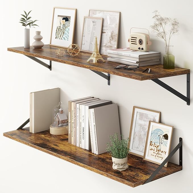 12 Inch Deep Floating Shelves,48W x 12D Floating Shelves, Deep Wall Shelves Bracket Set of 2, Large Display Floating Shelf for Bathroom, Living Room, Wide Storage Wooden Wall Shelf, Rustic Brown-Ruum Studio Home