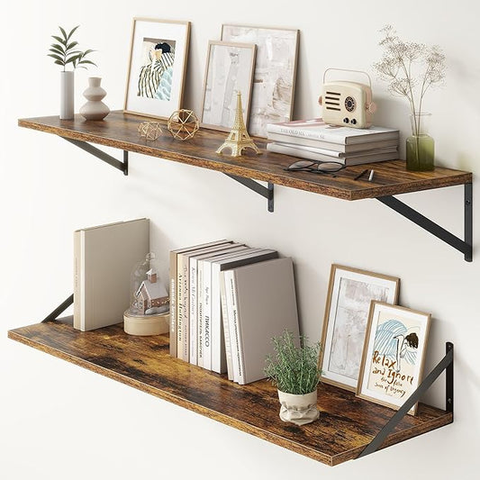 12 Inch Deep Floating Shelves,48W x 12D Floating Shelves, Deep Wall Shelves Bracket Set of 2, Large Display Floating Shelf for Bathroom, Living Room, Wide Storage Wooden Wall Shelf, Rustic Brown-Ruum Studio Home