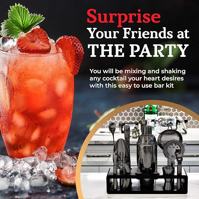 Highball & Chaser 13-Piece Cobbler Cocktail Shaker Set: Black Polished Stainless Steel Bartender Kit for Home Bar Set | Laser Engraved Tools Plus E-Book with 30 Recipes-Ruum Studio Home
