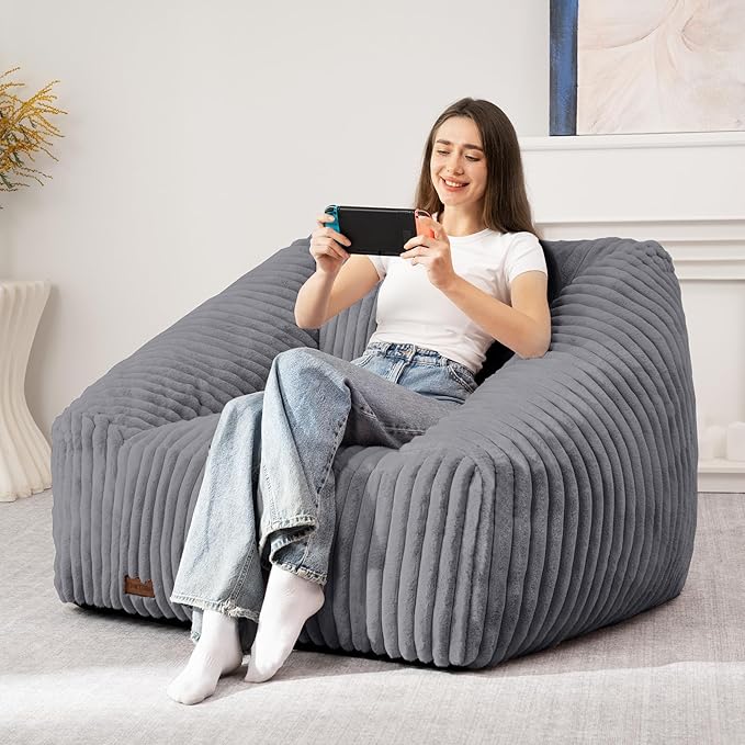 HABUTWAY Bean Bag Chair, Giant Bean Bag Chairs for Adults and Kids, Bean Bag Sofa, Lazy Floor Sofa, Faux Fur Beanbag Chair with Armrests for Living Room Bedroom (Grey)-Ruum Studio Home