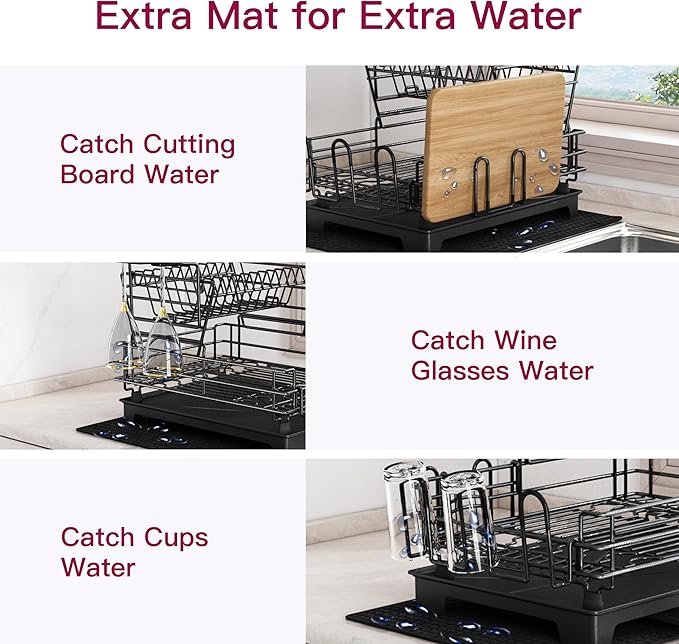 BOOSINY 2 Tier Black Large Stainless Steel Dish Drainers Drying Rack for Kitchen Counter with Drainboard, Rust Proof Metal, Space Saving, Modern Aesthetic, Compact Plates Strainers with Extra Mat-Ruum Studio Home
