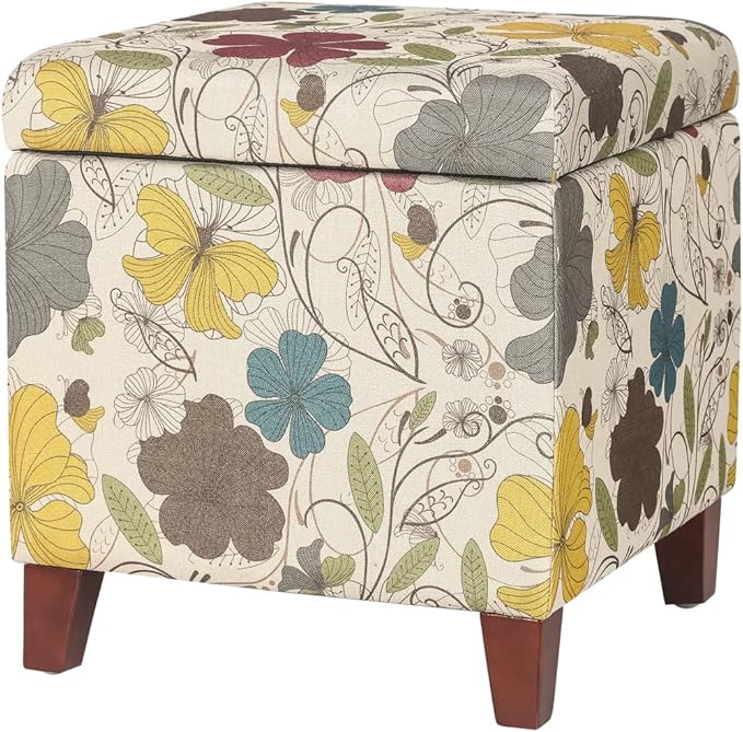 Adeco 18 Inch High Cube Ottoman Storage, Floral Printed Linen Chair Foot Stools, Upholstered Vanity Stool with Hinged Lid, Solid Wood Legs-Ruum Studio Home