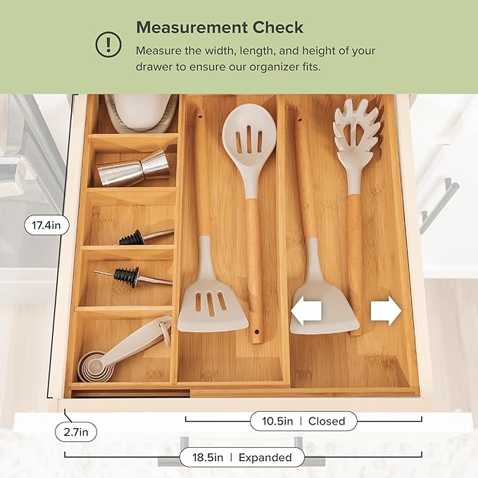 Adjustable Kitchen Drawer Organizer for Utensils and Junk, Food-Safe Contract Grade with 100% Sustainable Wood, Expandable from 10.5 to 19 Inches Wide - Natural Bamboo-Ruum Studio Home