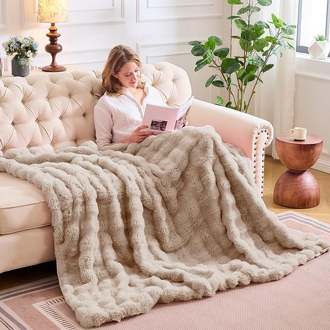 Lotus Karen Faux Fur Throw Blanket Linen - 800 GSM Bubble Rabbit Fluff Blanket for Couch Bed Sofa,Softest Fluffy Fuzzy Cozy Blanket,Thick Furry Plush Shaggy Warm Blankets for Women,50x60 Inches-Ruum Studio Home