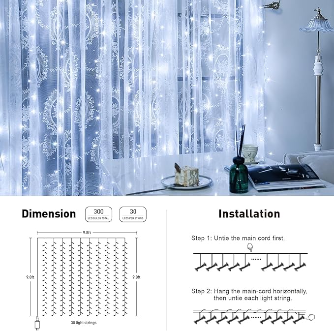JMEXSUSS 900LED Christmas Curtain Lights, 9.5x29.5ft White Indoor/Outdoor Plug-in with Remote, Window Hanging String Lights for Bedroom, Wedding, Xmas Decoration-Ruum Studio Home