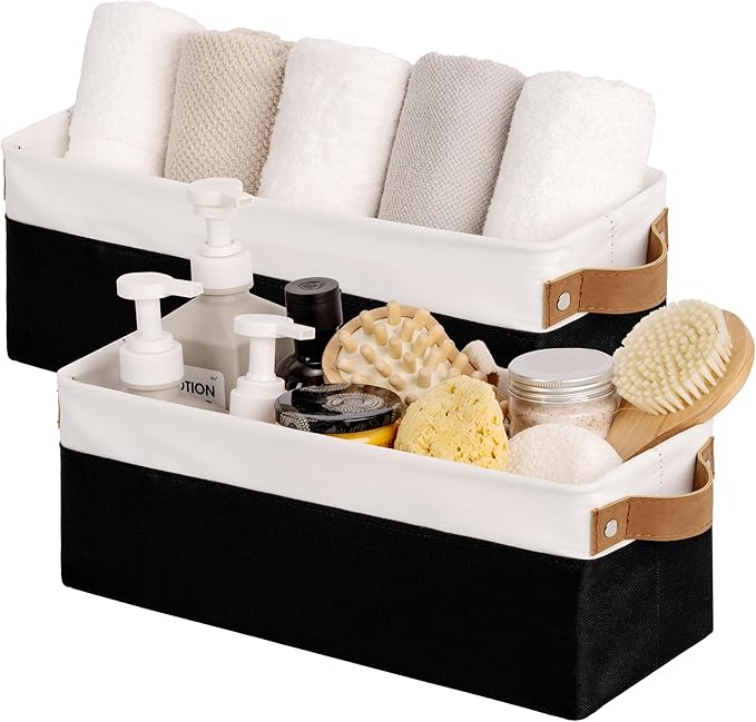 StorageWorks Narrow Storage Bins, Small Basket for Closet and Shelves, Fabric Organizer with Handles, Toilet Paper Storage, Black and White, 2-Pack-Ruum Studio Home
