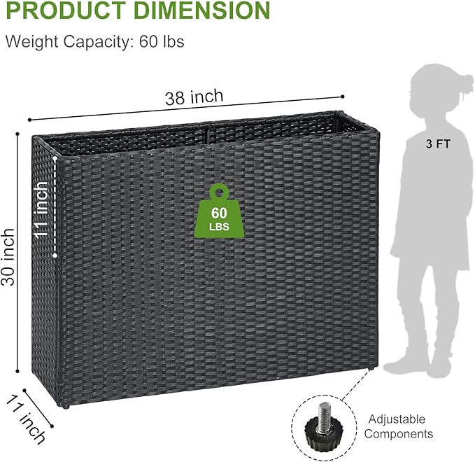 LEWIS&WAYNE Large Rectangular Block Planter Box Handmade Wicker Tall Planters for Outdoor Plants with Removable Liners Modern Planter for Indoor Outdoor Patio Deck - Black, 38''x11''x30''-Ruum Studio Home