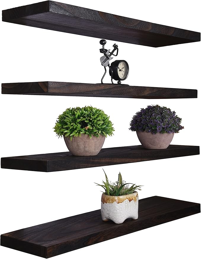 Wood Floating Shelves for Wall Decor, Rustic Wall Shelves for Bedroom Bathroom Kitchen Living Room, Set of 4 Walnut 24 Inch-Ruum Studio Home