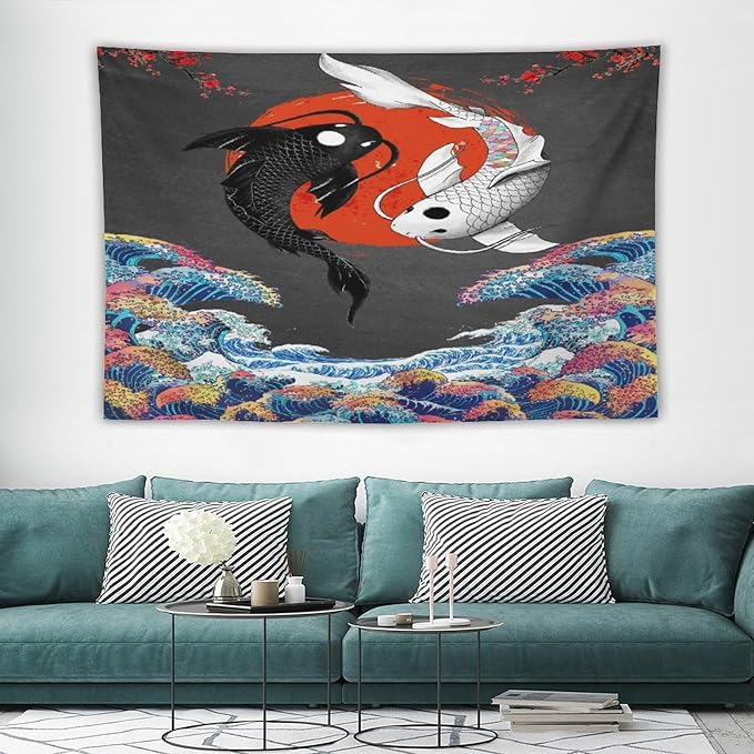 Houselerax Japanese Koi Fish Tapestries, Yin Yang Big Wave Cherry Blossom Tapestry Wall Hanging for Bedroom Living Room Office Decor 60"x40"-Ruum Studio Home