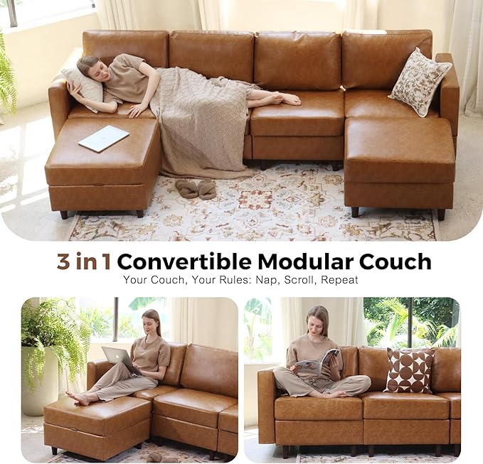 Faux Leather Single Sofa, Modern Accent Chair Brown with Storage Deep Seat Large Reading Armchair for Living Room Bedroom Office-Ruum Studio Home
