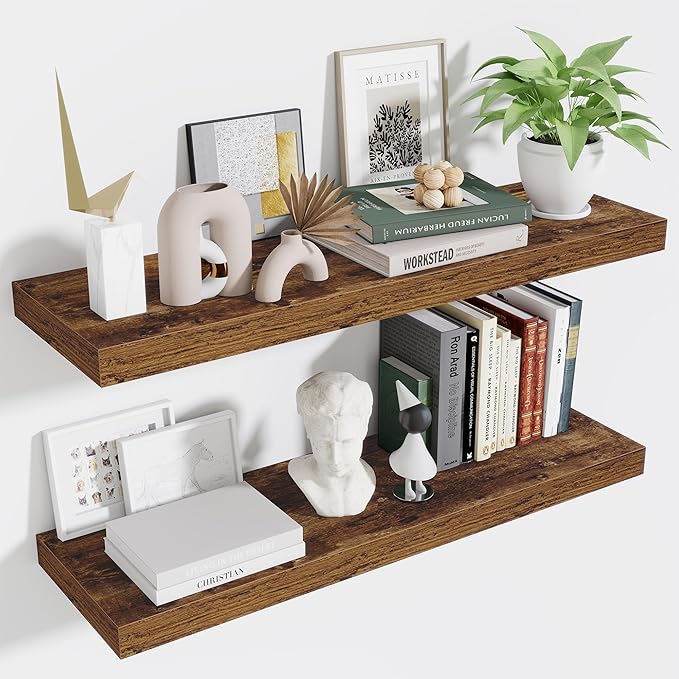 Fun Memories Floating Shelves for Wall 36 Inches, Wood Shelves with Invisible Bracket, 10" Deep Shelves Wall Mounted, Large Floating Shelves for Living Room Bathroom, Rustic Brown, Set of 2-Ruum Studio Home