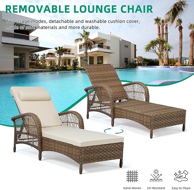 VIVIJASON 3 Pieces Outdoor Wicker Chaise Lounge Chair Set, All-Weather PE Rattan Cushioned Patio Lounger Set of 2 with Side Table, Adjustable Pool Sunbathing Recliner with Armrest & Pillow, Beige-Ruum Studio Home