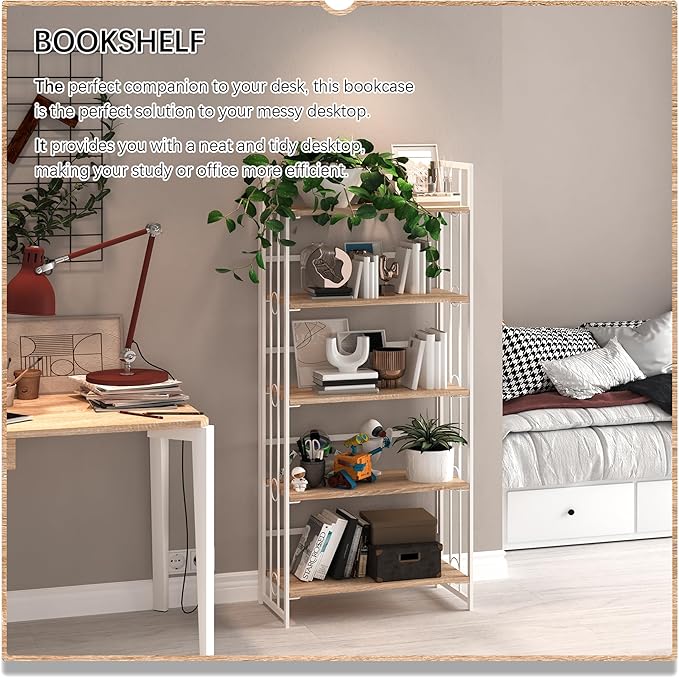 4NM No Assembly 5 Tiers Folding Bookshelf, 59.4" H Foldable Storage Shelves Vintage Bookcase Standing Racks Study Organizer Home Office - Natural White-Ruum Studio Home