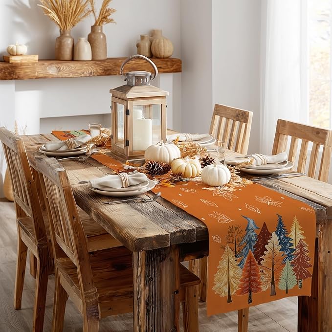 GEEORY Fall Watercolor Trees & Maple Leaves Table Runner 13x60 Inch, Rustic Farmhouse Autumn Thanksgiving Decor for Kitchen, Dining, Indoor/Outdoor Holiday Dinner Party Orange GT158-60-Ruum Studio Home