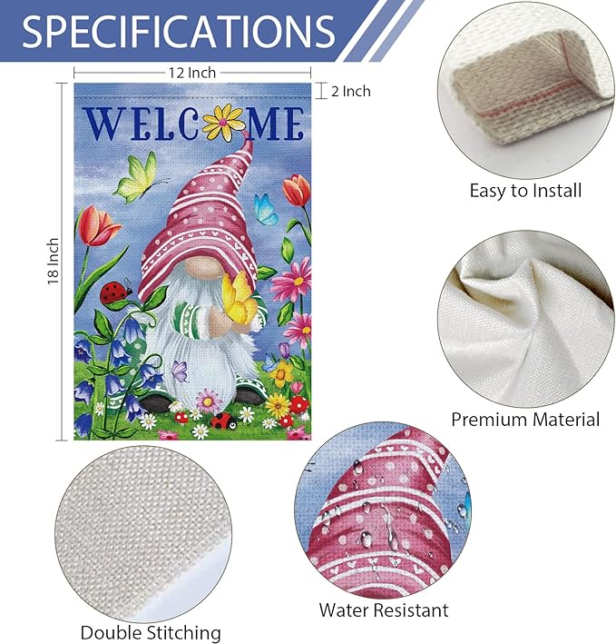 Welcome Spring Gnome Garden Flag 12x18 Double Sided Burlap Butterfly Floral Garden Yard Flags for Spring Summer Rustic Seasonal Outside Outdoor House Decoration (ONLY FLAG)-Ruum Studio Home