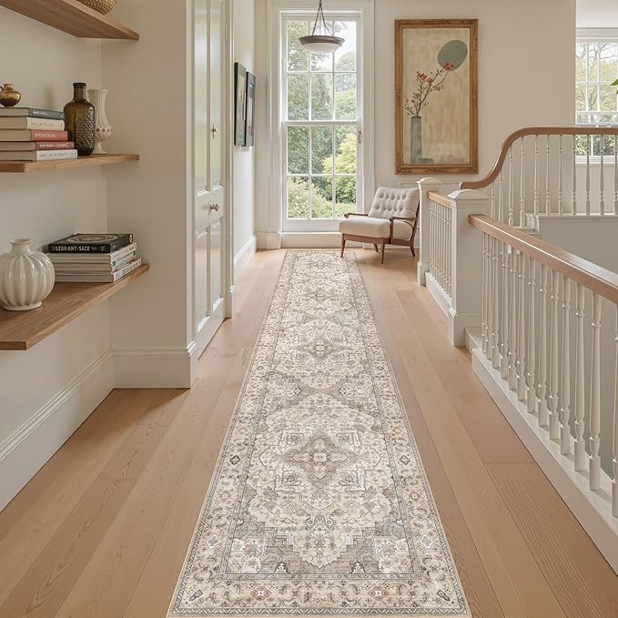 Washable 2.6x14 Runner Rug - Area Rugs Neutral Vintage Distressed Floral Farmhouse Boho Large Soft Floor Rug Indoor Carpet for Hallway Entryway Home - Brown/Multi-Ruum Studio Home
