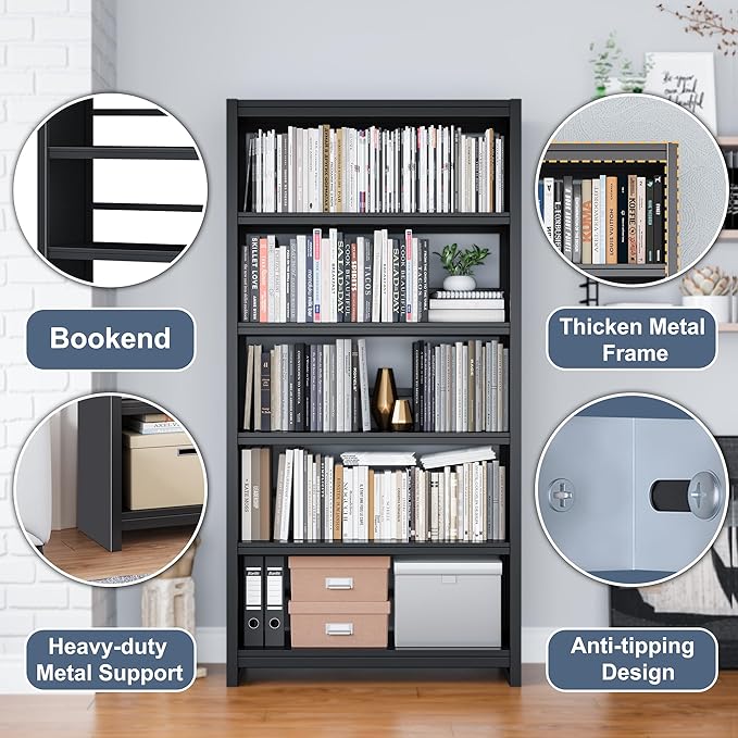 Bookshelf, 5 Shelf Bookcases, Tall Bookcase for Heavy Books, CDs, Movies, Garage Kit, Modern Display Shelf for Library Home Office Bderoom Living Room, Metal Bookshelves Industrial Black-Ruum Studio Home