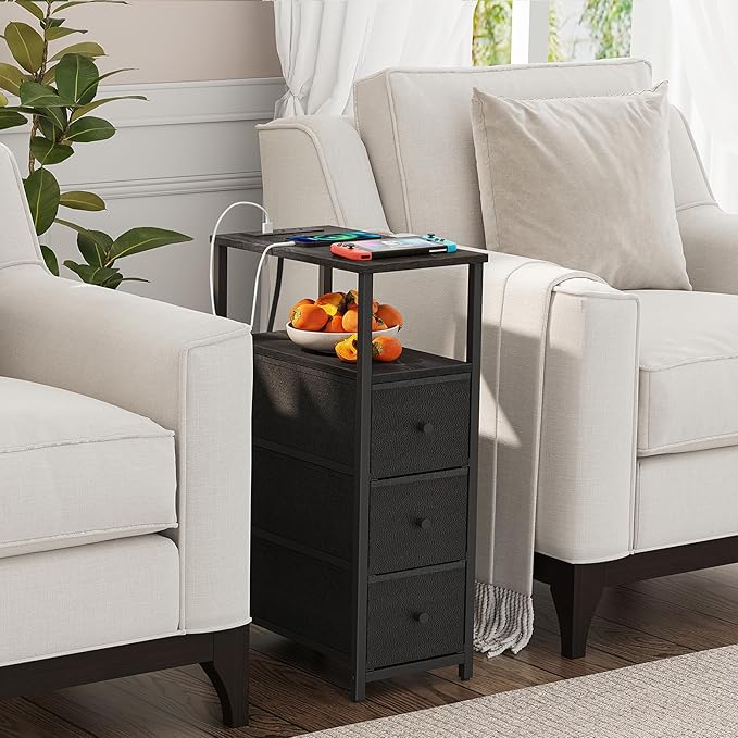 TUTOTAK Narrow Night Stand with Charging Station, Slim End Table with Plugins, Tall Side Table with 3 Fabric Drawer, Small Bedside Table with Storage, Living Room, Bedroom, Black TB01BK086-Ruum Studio Home
