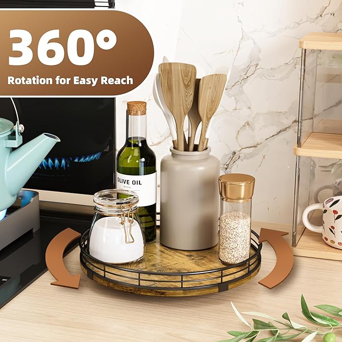 Lazy Susan Turntable Organizer for Table Top, 10’’ Round Wooden Lazy Susan for Cabinet Kitchen Countertop Pantry Dining Coffee Table for Condiments Spices, Rustic Bathroom Vanity Tray for Soap Candle-Ruum Studio Home