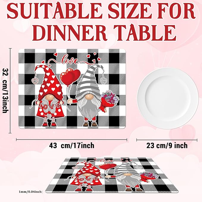 Valentine's Day Placemats Set of 6 Gnomes Plastic Table Mats Buffalo Plaid Place Mats Washable Vinyl Love Hearts Table Decoration for Anniversary Wedding Party Kitchen Dining Table-Ruum Studio Home