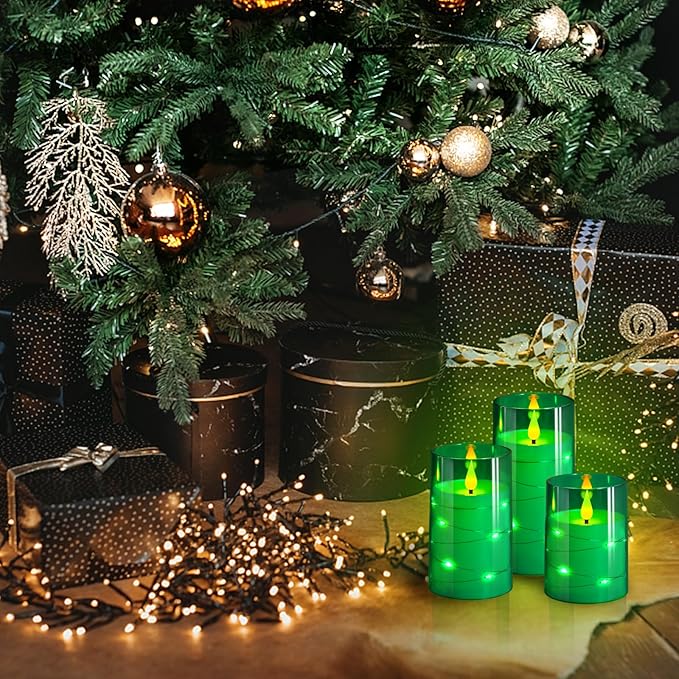 NURADA Flickering Flameless Candles: Built-in Star String Acrylic Battery Operated LED Pillar Candles with Remote and Timer for Home Party Weddings Christmas Halloween Decor -Green 3 Pack-Ruum Studio Home