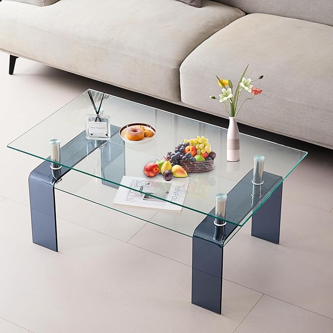 Glass Coffee Table Rectangle Living Room Center Table with Storage, Clear Tempered Glass Tabletop and Smoke Grey Leg,for Living Room and Office (Clear+Smoke)-Ruum Studio Home