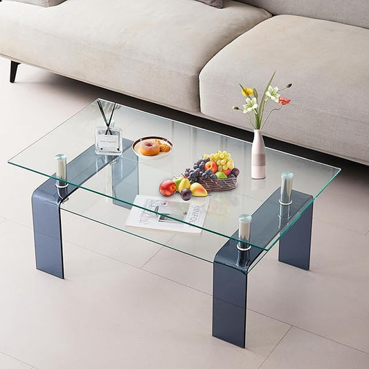 Glass Coffee Table Rectangle Living Room Center Table with Storage, Clear Tempered Glass Tabletop and Smoke Grey Leg,for Living Room and Office (Clear+Smoke)-Ruum Studio Home