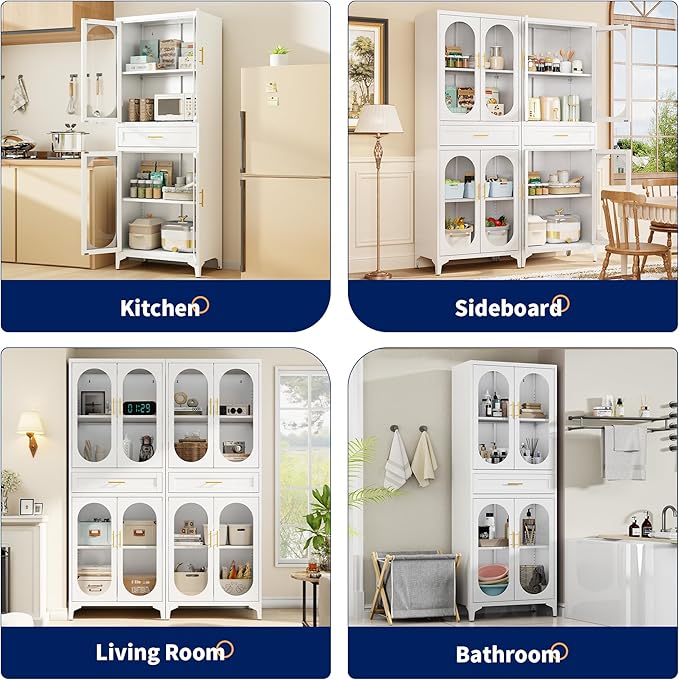 75” Tall Kitchen Pantry Storage Cabinet, Metal Storage Cabinet with 1 Drawer and Adjustable Shelves, Kitchen Pantry Cupboard, Freestanding Cupboard for Bathroom (White-4 Doors and 1 Drawer)-Ruum Studio Home