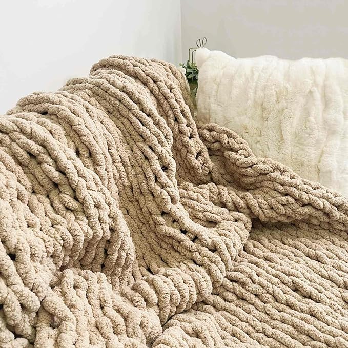Chunky Knit Blanket Throw 48"x71", Chenille Throw Blankets, Handmade Warm & Cozy Blanket Couch Bed Home Decor, Soft Breathable Fleece Banket, Christmas for Couch Bed Sofa Best Gift (Tan)-Ruum Studio Home
