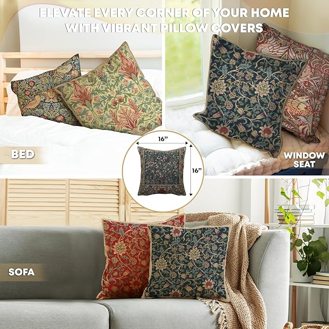 Charlotte Home Furnishings Throw Pillow Covers 16x16 in, Green Tree Decorative Couch Pillow Covers, Boho Decor European Tapestry Cushion Cases, Living Room Cozy Home Decor, Jacquard Woven Soft Cotton-Ruum Studio Home