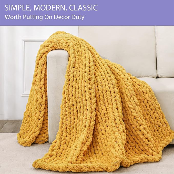 Bigacogo Chunky Knit Throw Blanket for Couch, 40x60 inches, 100% Hand Knitted with Thick Jumbo Chenille Yarn, Cozy Soft Large Rope Knot Cable Crochet Blankets for Sofa Bed Living Room, Mustard Yellow-Ruum Studio Home