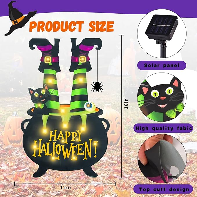 Halloween Lighted Garden Flag for Outside, Witch Feet Shape Flag Yard Decor, 8 Modes Double Sided Cauldron Eyeball Black Cat Outdoor Hlloween Decorations for Home Porch (Warm White-28x40)-Ruum Studio Home