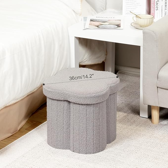 B FSOBEIIALEO Storage Ottoman Cube, Flowers Shaped Ottomans with Storage Foot Stool Footrest for Lving Room, Boucle Ottoman Seat for Dorm Room,Faux Teddy Fur, Grey 12.6"x12.6"x12.6"-Ruum Studio Home