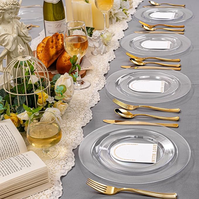 FLOWERCAT 60PCS Clear Plastic Plates - Disposable Clear Plates Heavy Duty for Party/Wedding/New Year - Include 30PCS 10.25inch Dinner Plates and 30PCS 7.5inch Dessert/Salad Plates-Ruum Studio Home
