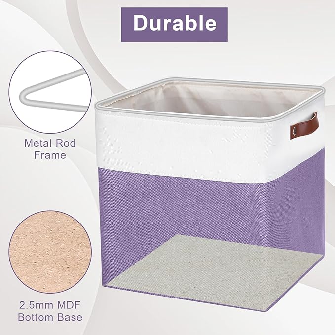13x13 Cube Storage Bins, Collapsible Fabric Storage Box, 4 Pack Closet Baskets with Handles for Organizing, Shelf, Toys, Clothes, Home, Office, Nursery (Purple&White)-Ruum Studio Home